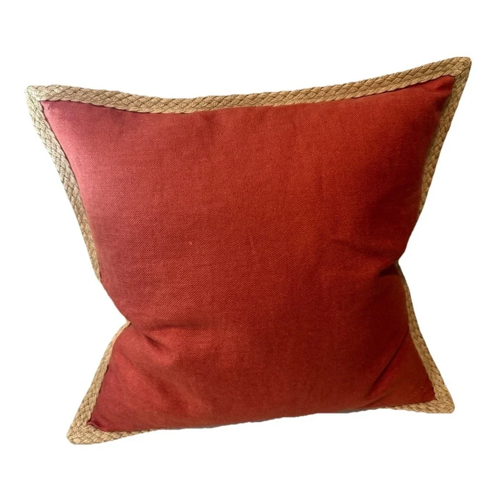 2x Pottery‎ Barn 20x20 Linen Pillows Coral Terracotta Unique Sage Jute Trim Zip